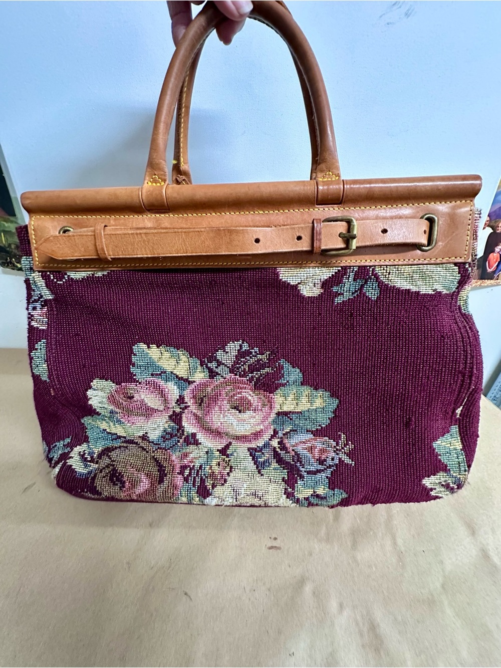 Classic Ralph Lauren Floral Tapestry Handbag with Tan Leather Trim
